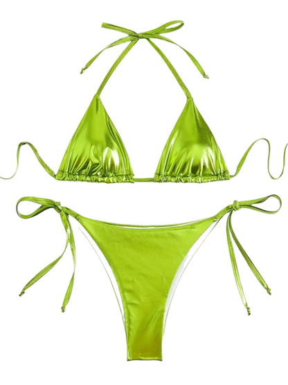 A shiny, iridescent bikini in shades of green It features a classic triangle top and tie-side bottoms, creating a vibrant and eye-catching beachwear style.