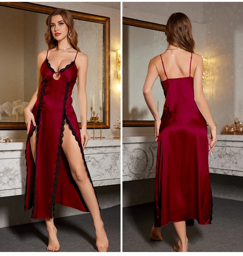Sexy Split Suspender Nightgown Chemise Sleepwear Summer New Silky Satin Nightdress Intimate Lingerie Female Home Wear Loungewear