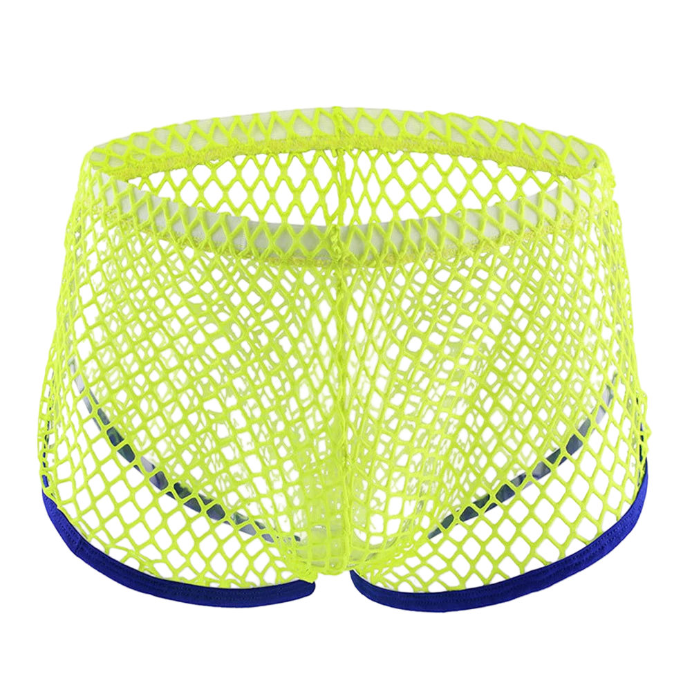 Neon green mesh shorts with blue trim on a white background