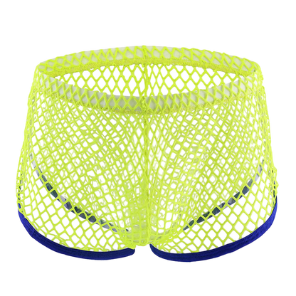 Neon green mesh shorts with blue trim on a white background