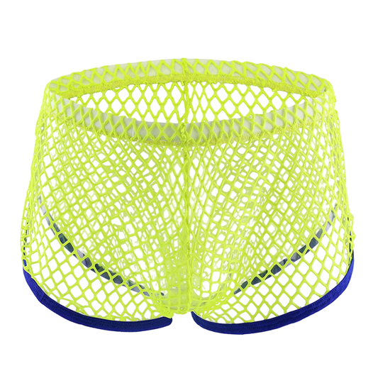 Neon green mesh shorts with blue trim on a white background