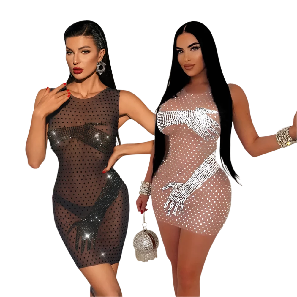 A sheer, form-fitting dress adorned with rhinestones and a unique design featuring hands. The dress is complemented by sparkling accessories, creating a glamorous and eye-catching appearance.