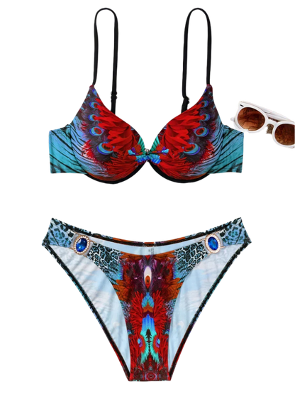 Peacock Leopard Printed Underwired Bra Cup Bikini