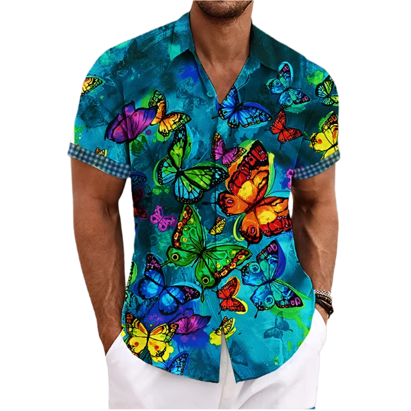 colorful butterflies print shirt with florals graphic Y2K lapel design for Animal Instincts theme night resort wear