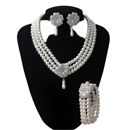 Luxury pearl and rhinestone jewelry set combining flapper and Audrey Hepburn styles for resort theme nights and bridal events

