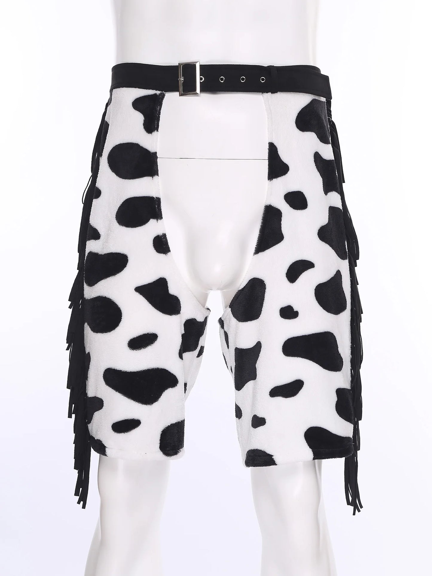 Black and white cow print shorts with fringe detailing and a black belt, displayed on a white mannequin.
