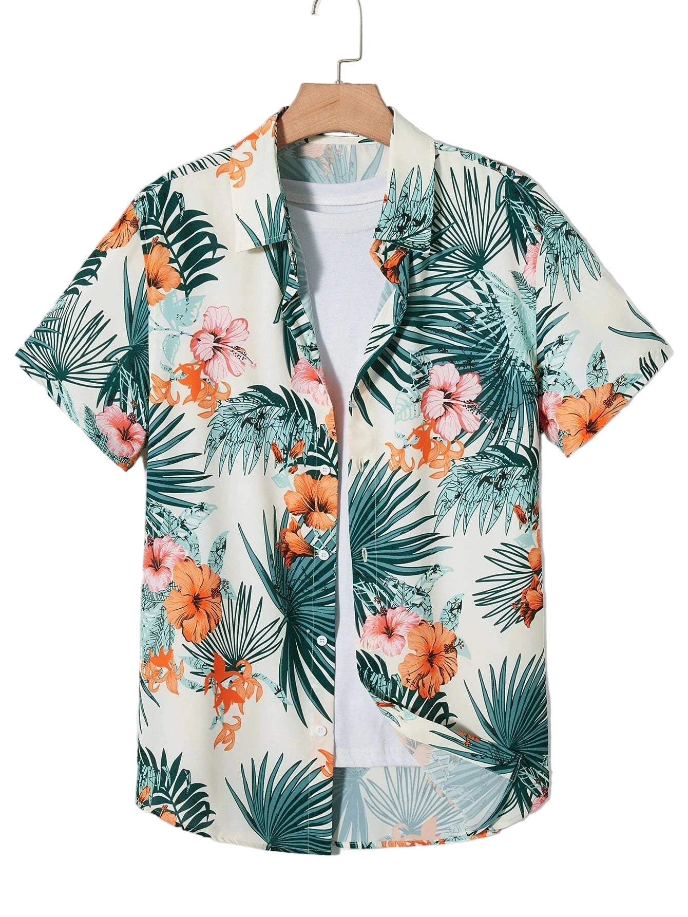 Tropical floral patterned shirt on a hanger against a white background