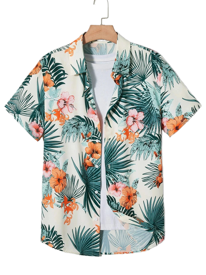 Tropical floral patterned shirt on a hanger against a white background