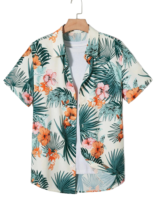 Tropical floral patterned shirt on a hanger against a white background
