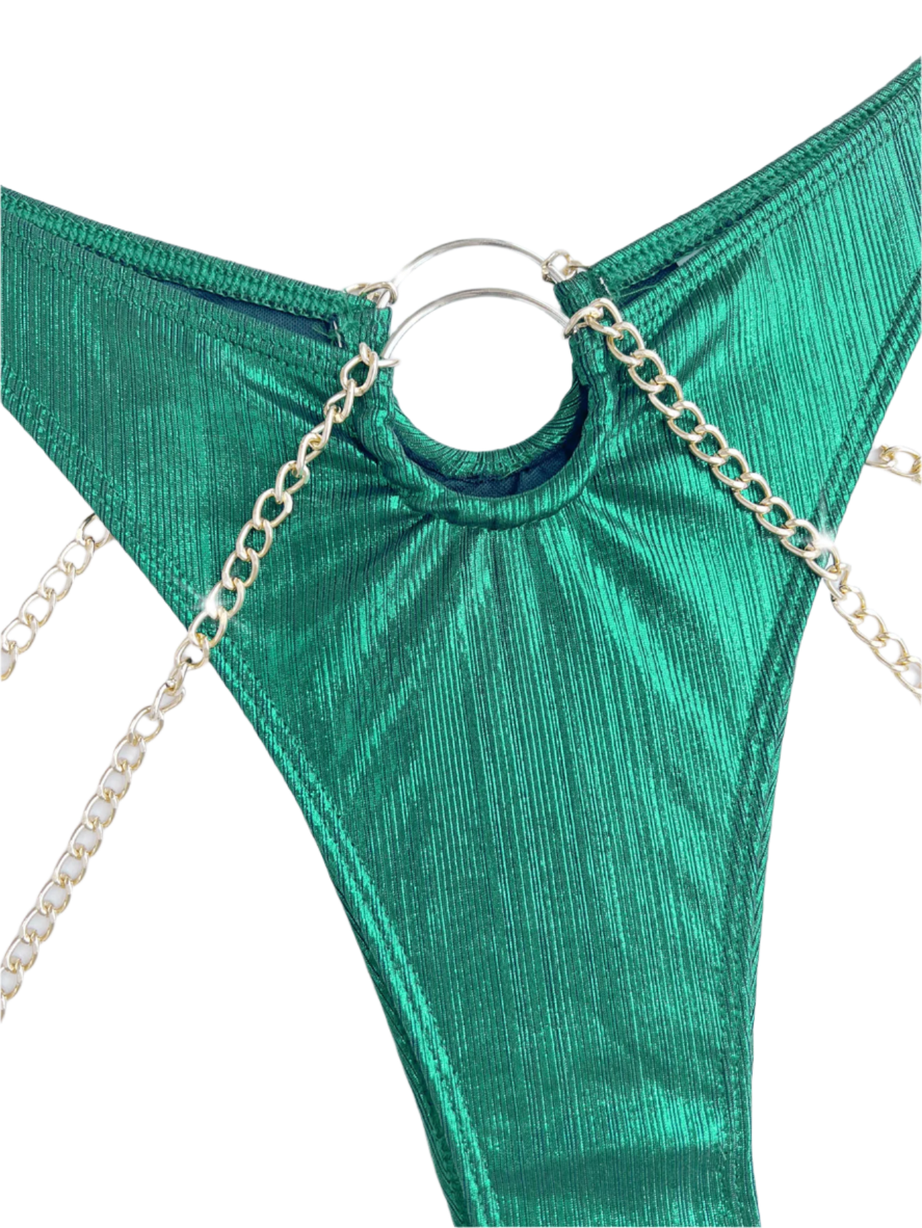 Metallic green bikini with chain details and ring accents