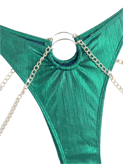 Metallic green bikini with chain details and ring accents