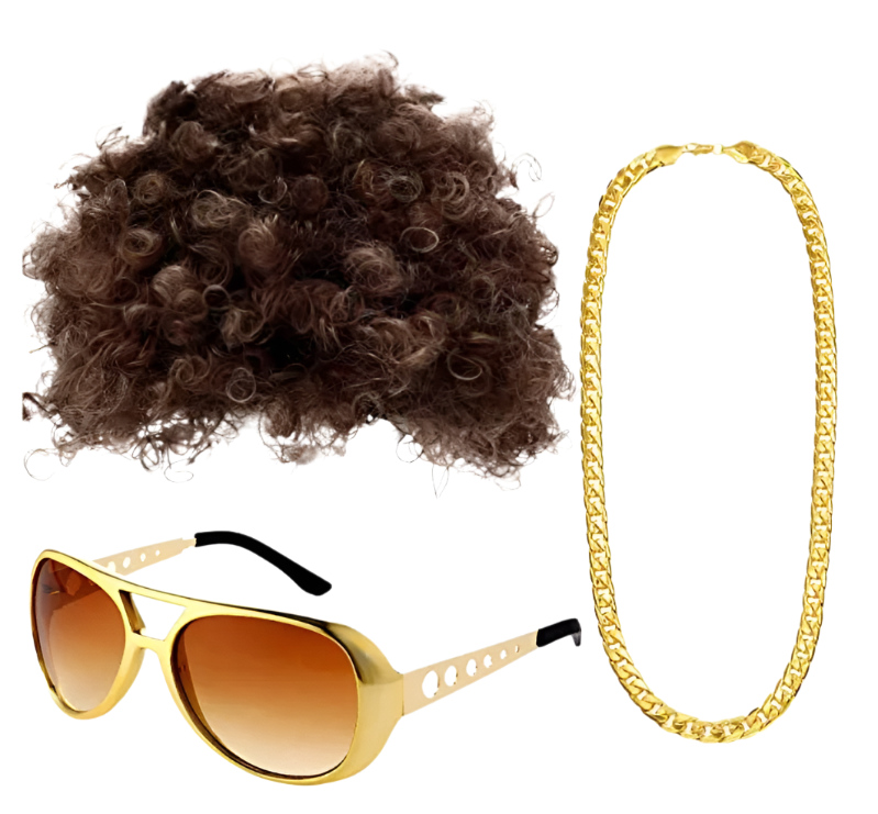 Curly brown wig, gold chain, and gold sunglasses on a white background