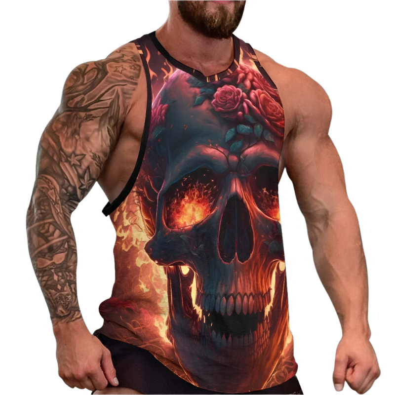 Man wearing a tank top with a skull and floral design on a white background