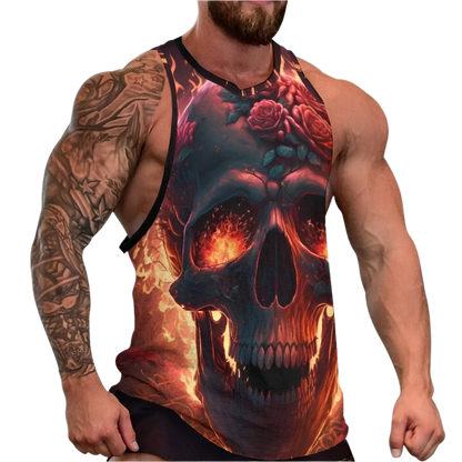 Man wearing a tank top with a skull and floral design on a white background