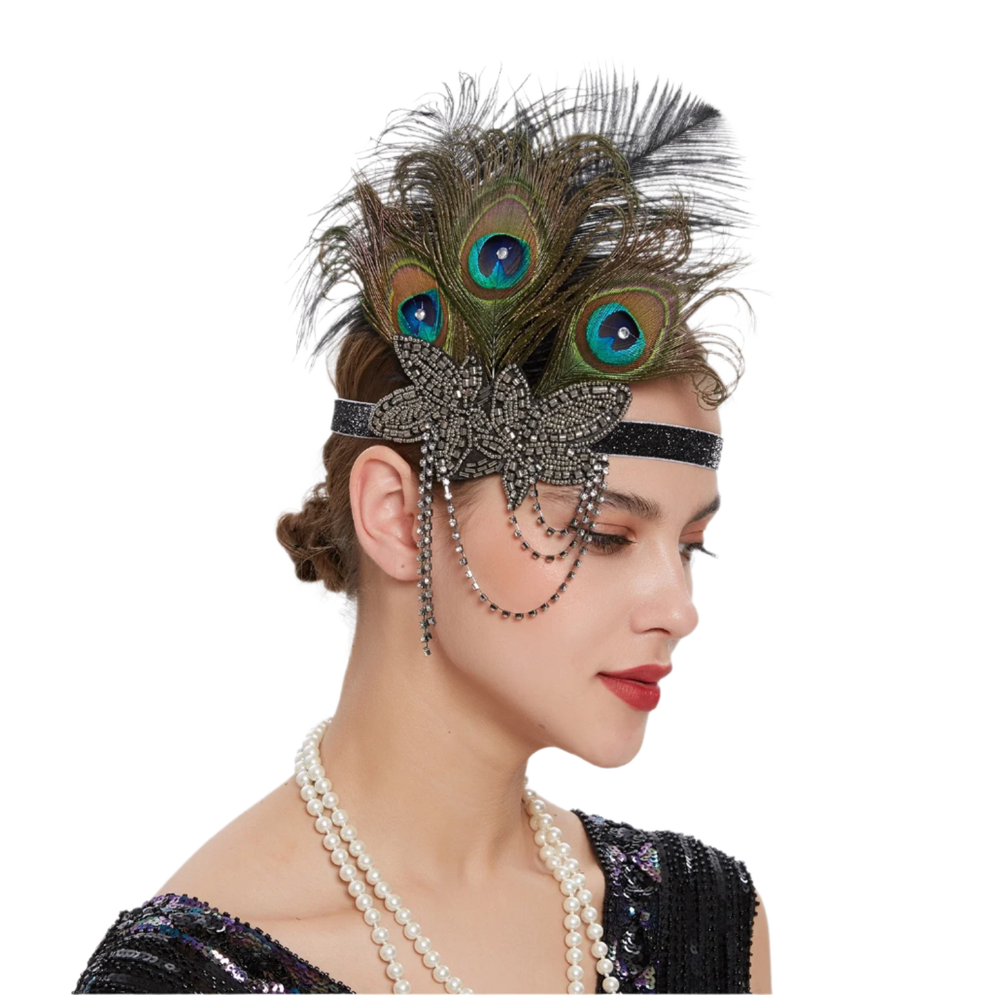 Luxurious peacock feather headband with rhinestones and tassels for exotic Gatsby resort theme nights

