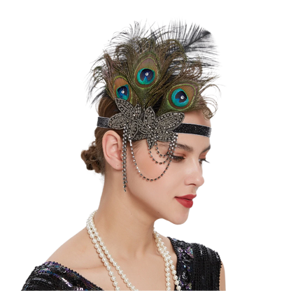 Luxurious peacock feather headband with rhinestones and tassels for exotic Gatsby resort theme nights

