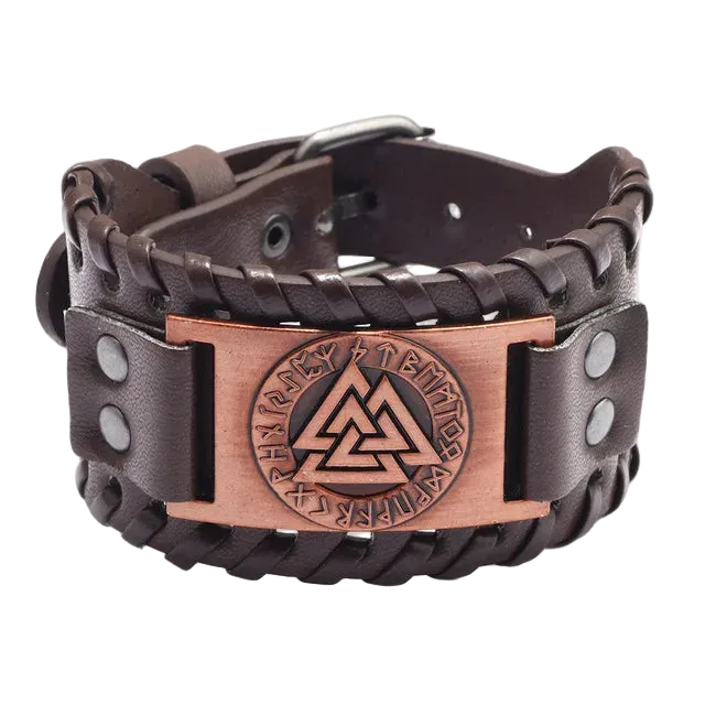 A dark brown braided leather wrap bracelet with a large bronze-toned metal plate featuring an engraved Viking knot symbol and the words 'VANGUARD OF NORWAY'.