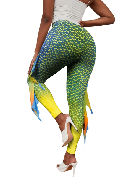 Shimmering fish scale mermaid leggings with octopus print and decorative fins for resort cosplay wear