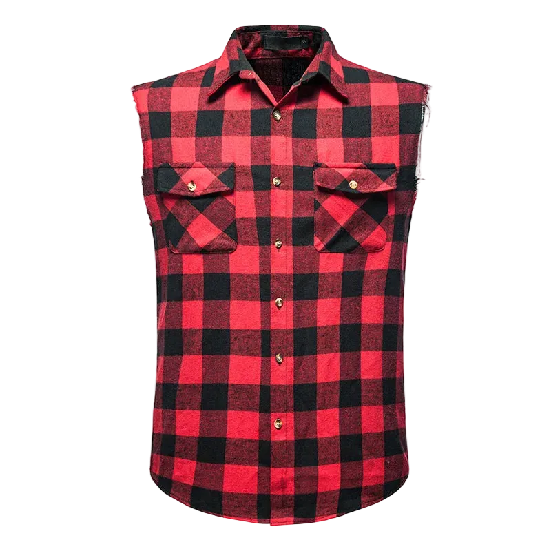 A red and black buffalo plaid sleeveless button-up shirt with two chest pockets