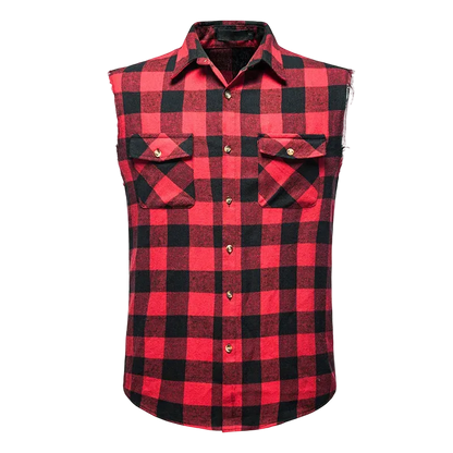 A red and black buffalo plaid sleeveless button-up shirt with two chest pockets