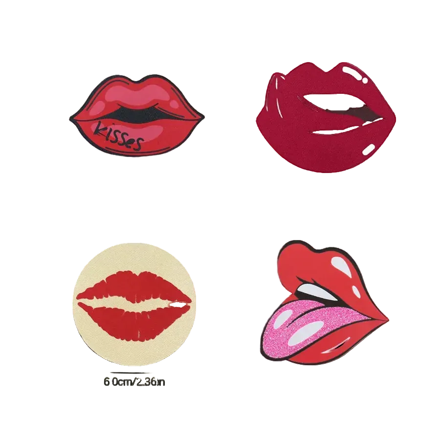 Set of red lip-shaped stickers with measurements on a white background