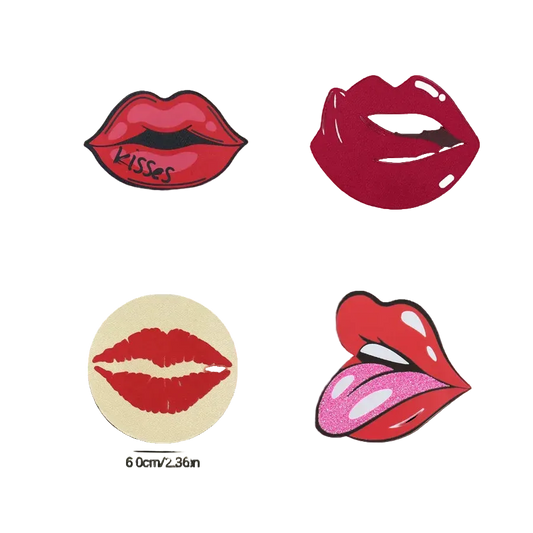 Set of red lip-shaped stickers with measurements on a white background