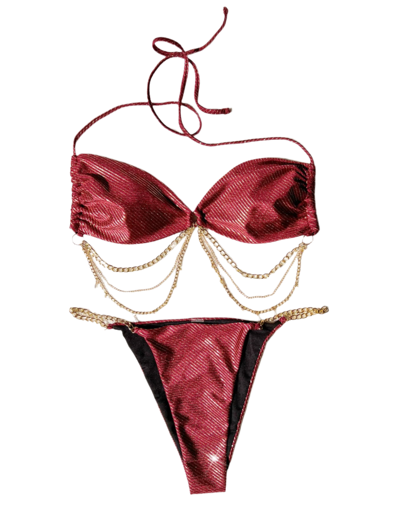 A glamorous red bikini with a metallic sheen, adorned with gold chain embellishments. The set includes a bandeau top and matching bottoms, offering a luxurious and stylish appearance.