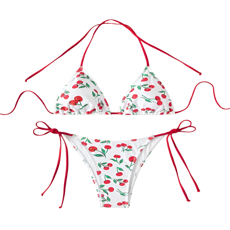 A white bikini with a cherry print. It features a classic triangle top and tie-side bottoms with red strings, giving it a playful and fruity look.
