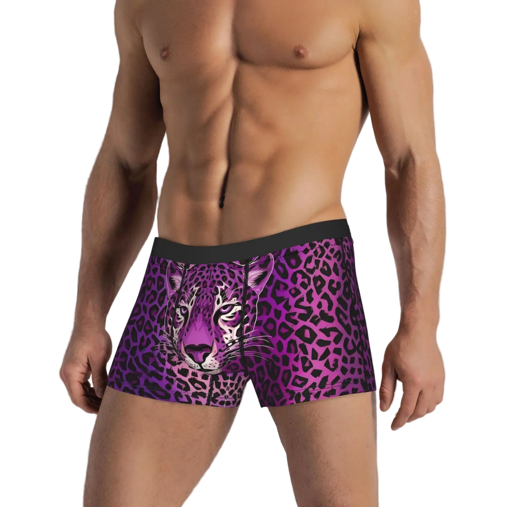 A man wearing men's boxer briefs with a purple and black leopard print and a realistic purple tiger face graphic on the front, set against a white paneled wall.