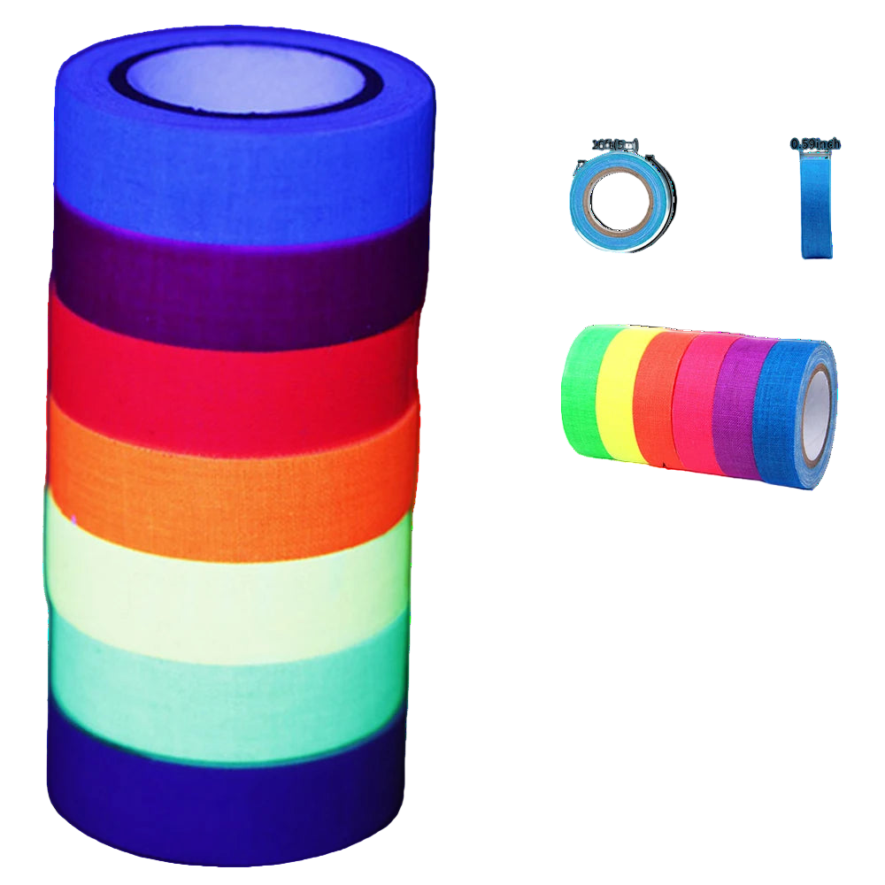Stack of colorful rolls of self-adhesive tape with a close-up of an orange roll on a dark background.
