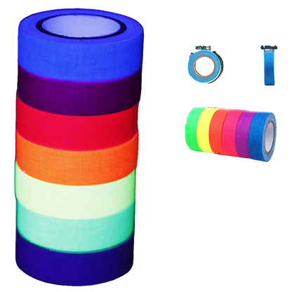 Stack of colorful rolls of self-adhesive tape with a close-up of an orange roll on a dark background.