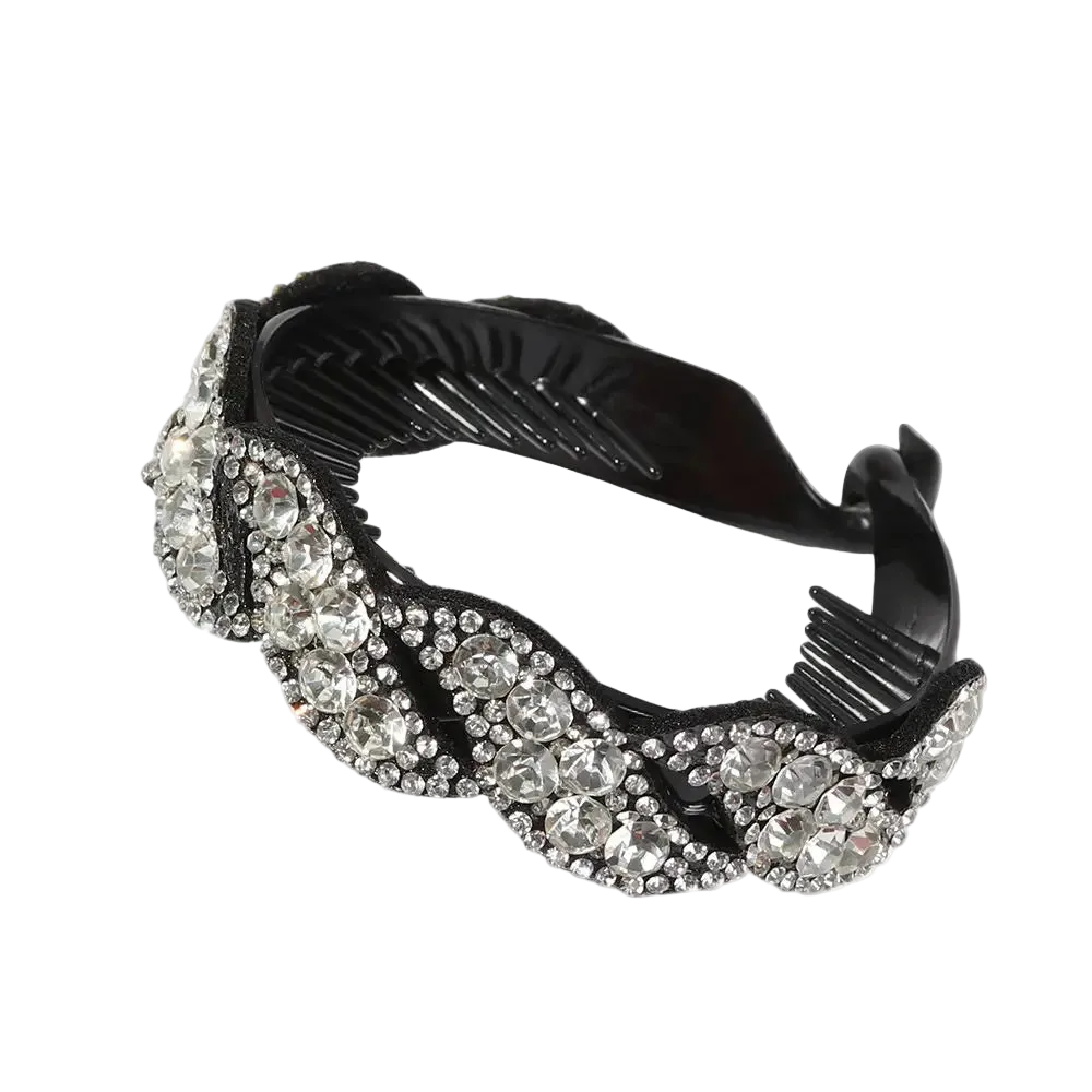 A black hair comb embellished with sparkling clear rhinestones in a wavy, layered design, shown on a plain white background.