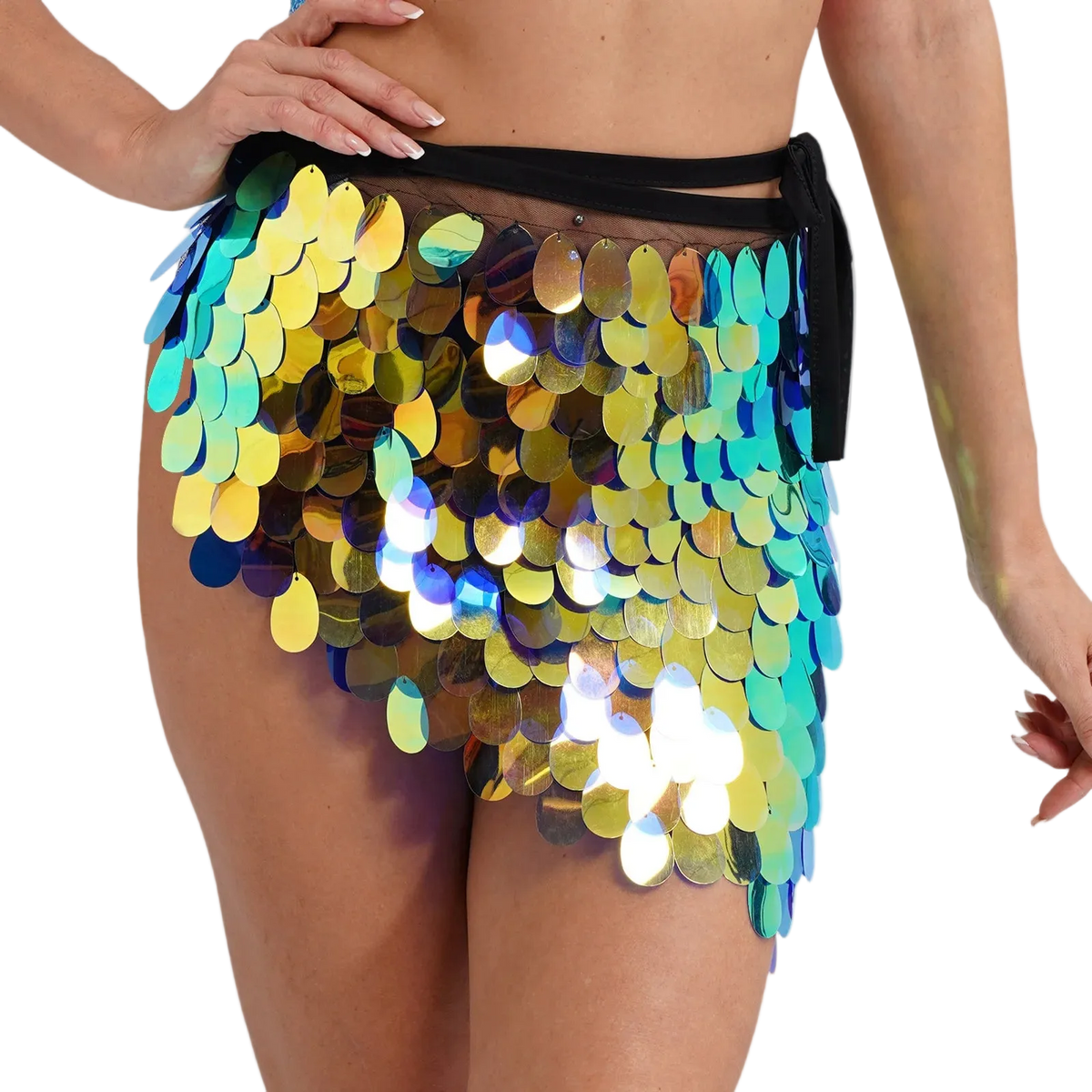 Multicolored sequin skirt worn by a person on a white background