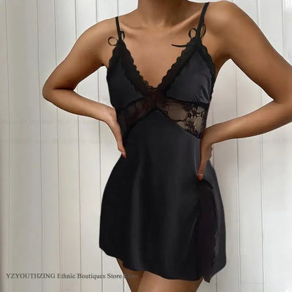 Patchwork Perspective Lace Nightgown Intimate Lingerie Summer New Female Sleepwear Suspender Nightdress Satin Homewear Undewear