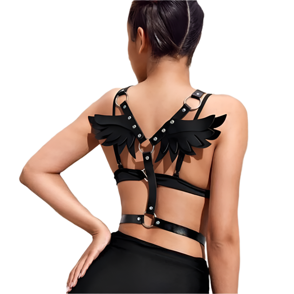 Gothic Leather Angel Wing Harness Belt in Black, Front View for Resort Theme Nights