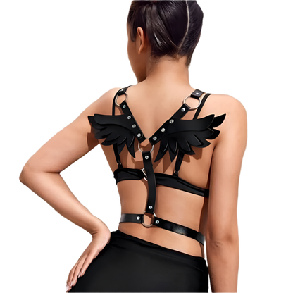 Gothic Leather Angel Wing Harness Belt in Black, Front View for Resort Theme Nights