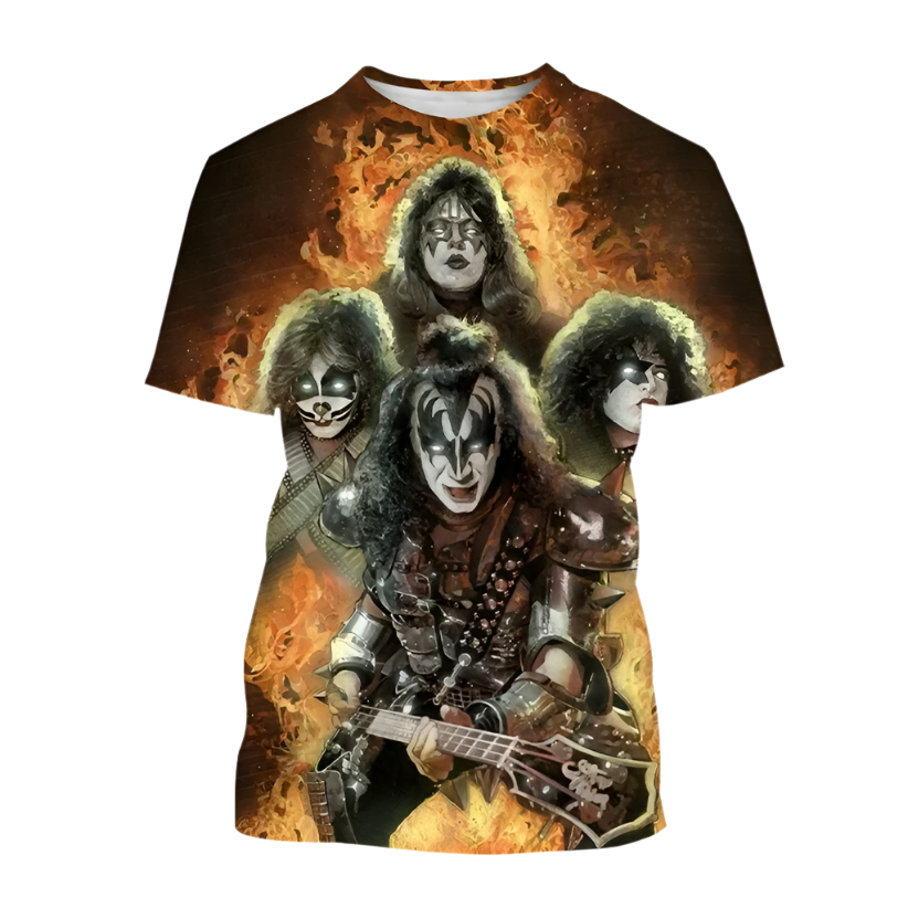 T-shirt with a graphic design of a band member playing guitar on a fiery background