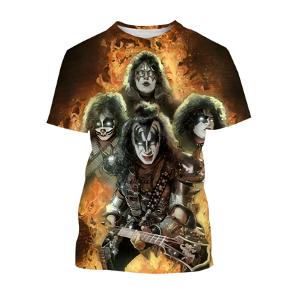T-shirt with a graphic design of a band member playing guitar on a fiery background
