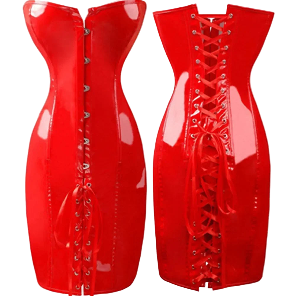 Two red vinyl corsets with lace-up fronts on a white background