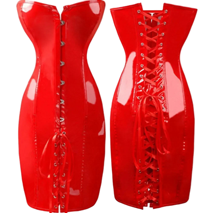 Two red vinyl corsets with lace-up fronts on a white background