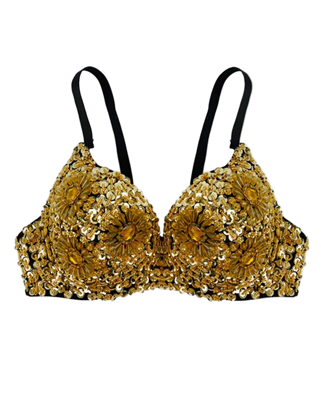 Gold sequined bra with large flower applique details and black straps, shown against a plain white background.