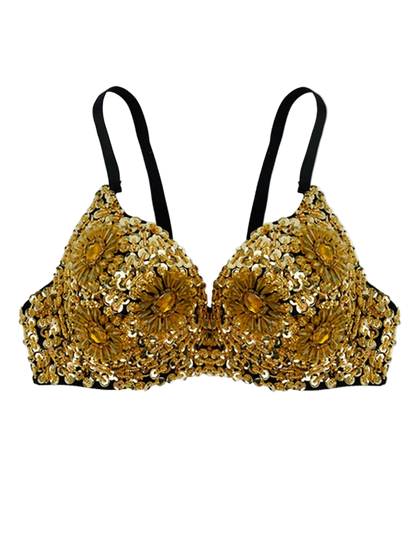 Gold sequined bra with large flower applique details and black straps, shown against a plain white background.
