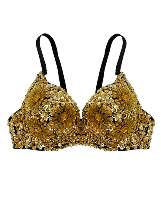 Gold sequined bra with large flower applique details and black straps, shown against a plain white background.