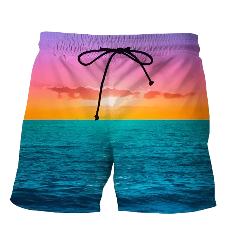 Summer Sunset 3D Printed Beach Shorts featuring vibrant sunset design, perfect for luxury adult resorts