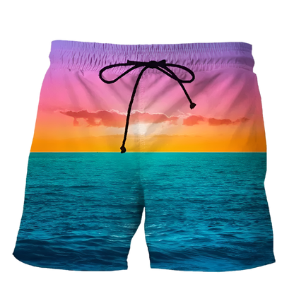 Summer Sunset 3D Printed Beach Shorts featuring vibrant sunset design, perfect for luxury adult resorts