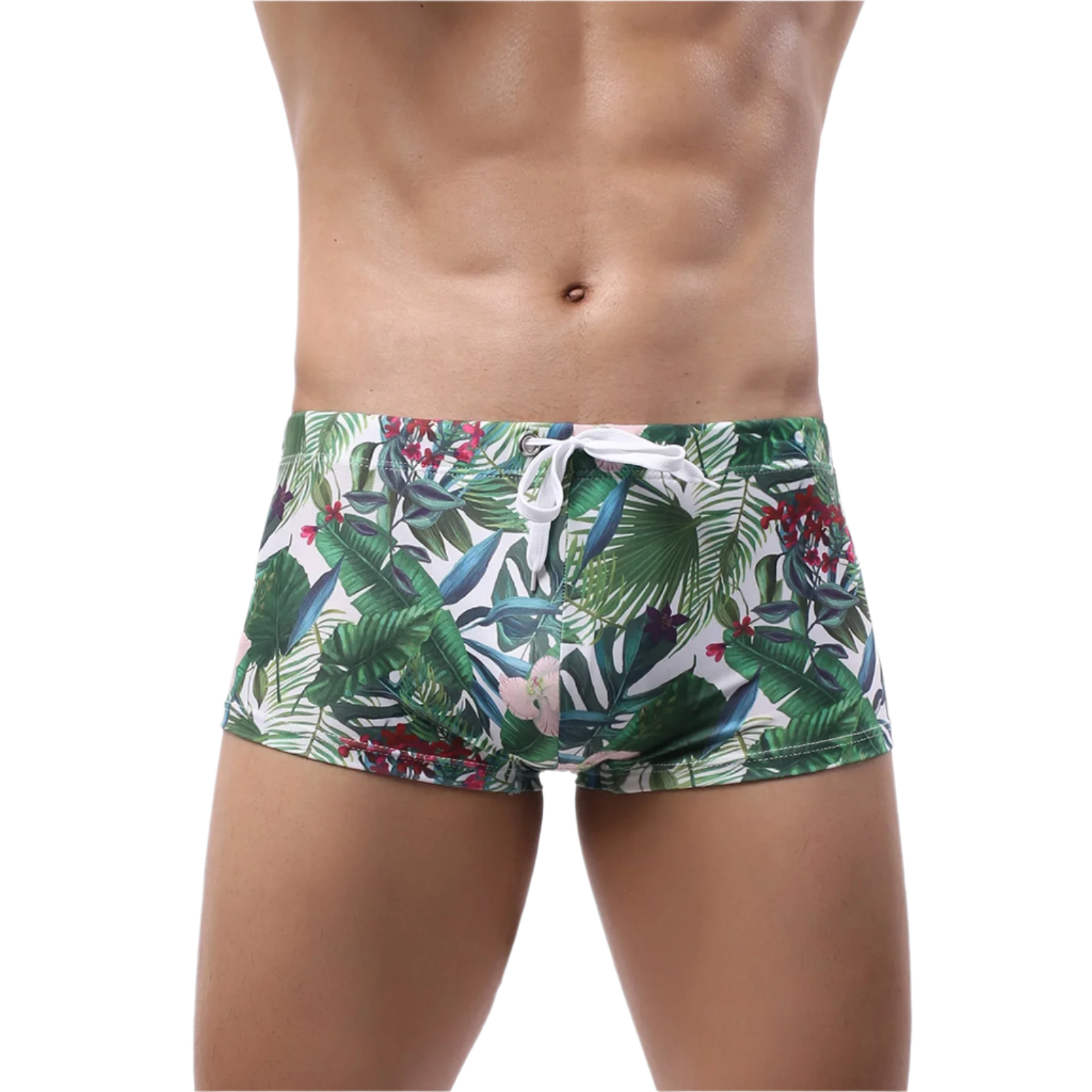 Floral-patterned boxer briefs with tropical leaf and flower design.