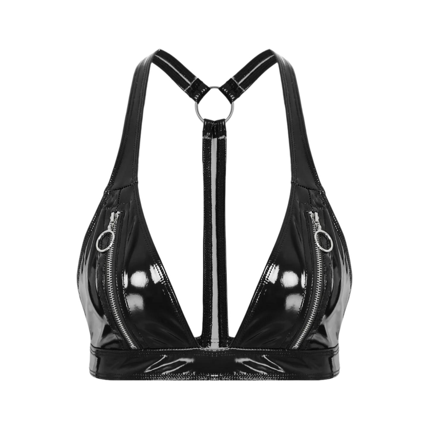 Black vinyl harness with zippers on a white background