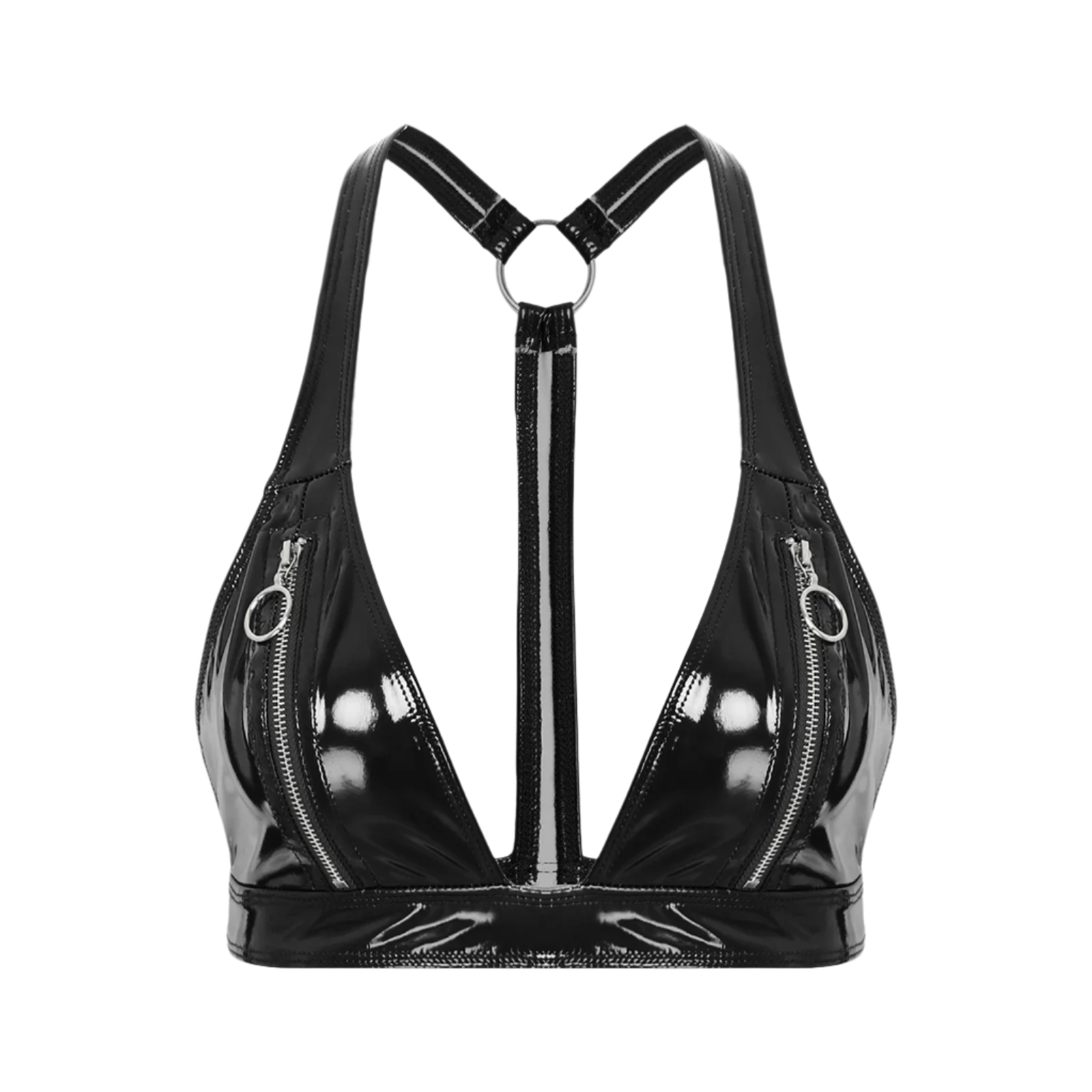 Black vinyl harness with zippers on a white background