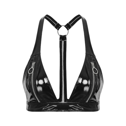 Black vinyl harness with zippers on a white background