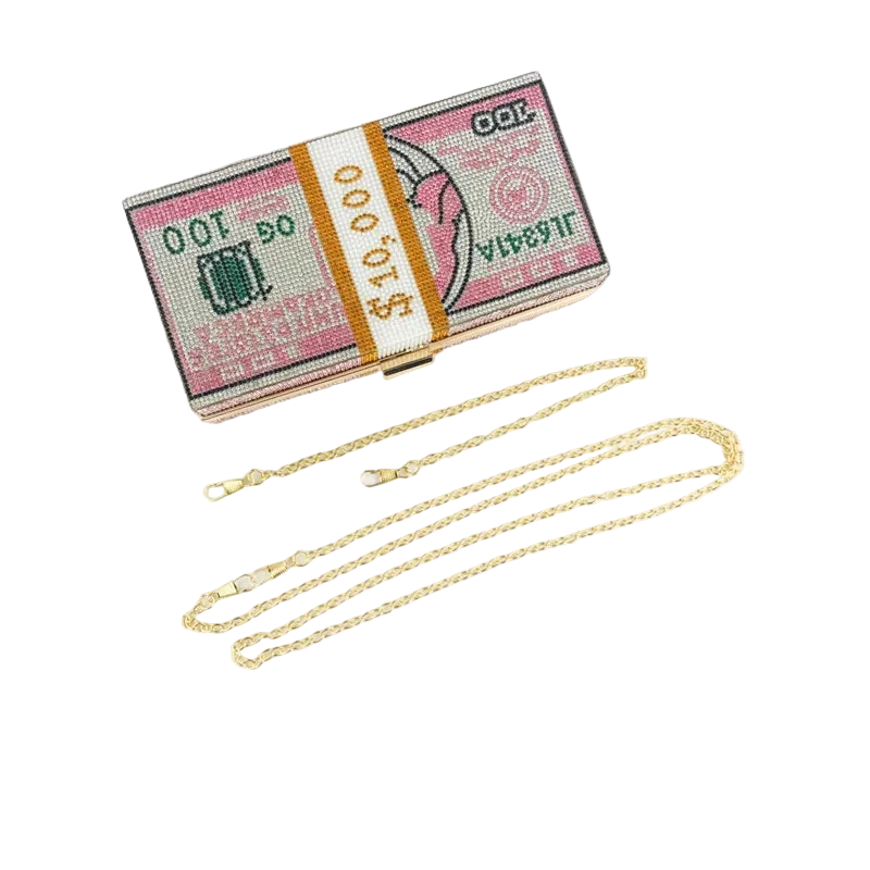 Money-themed clutch bag with a gold chain on a white background